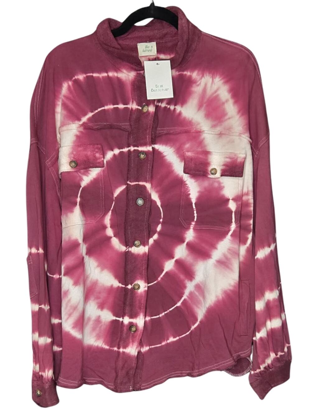 Blue Butterfly Spiral Tie Dye Shacket NWT Size L 100% Cotton Button Front Sleeve